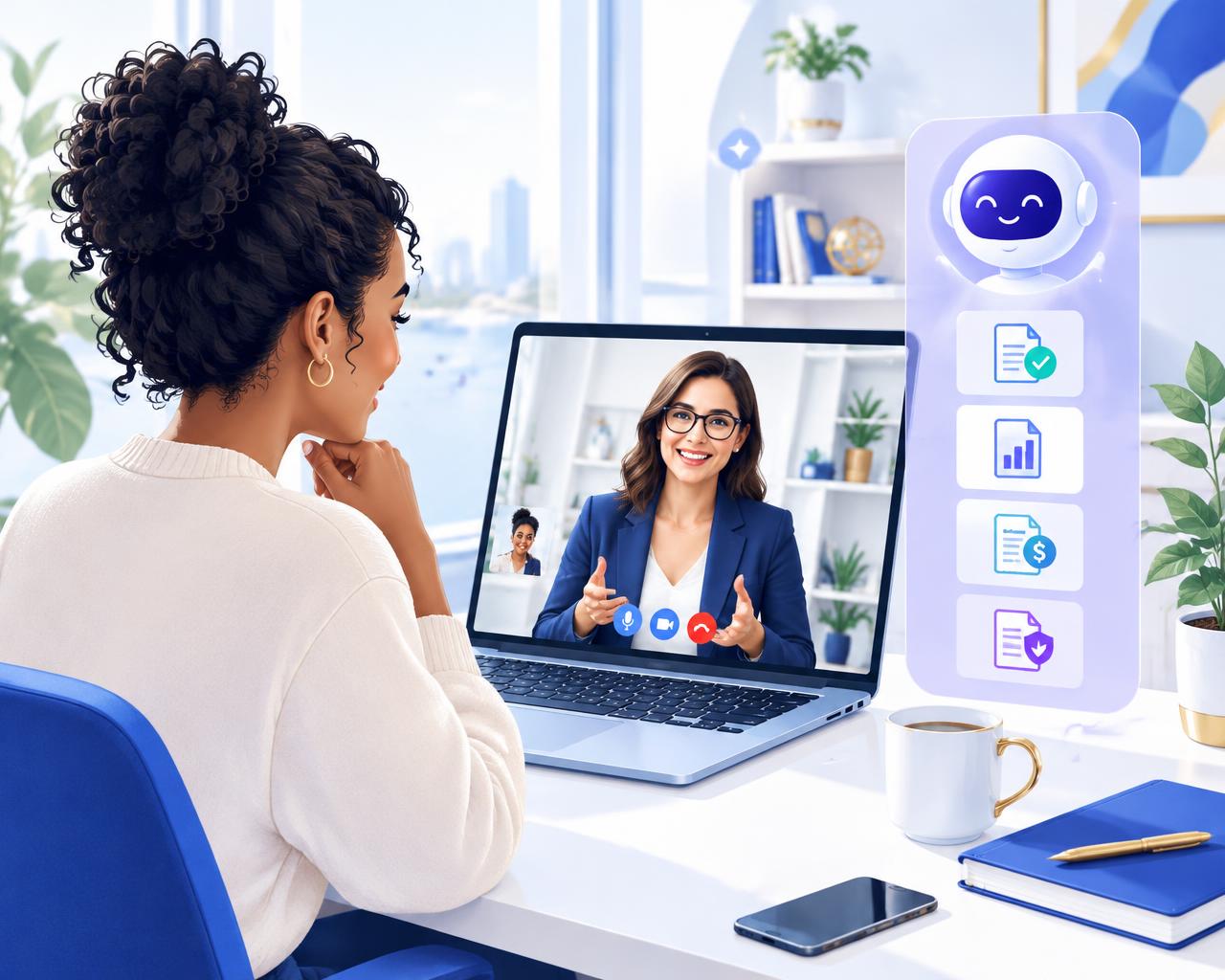 Illustration of a taxpayer meeting a tax professional by video with an AI assistant panel